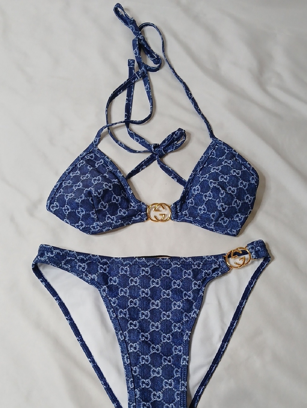 Gucci Navy Blue Monogram Bikini with Gold GG Accents - Picture 1 of 4